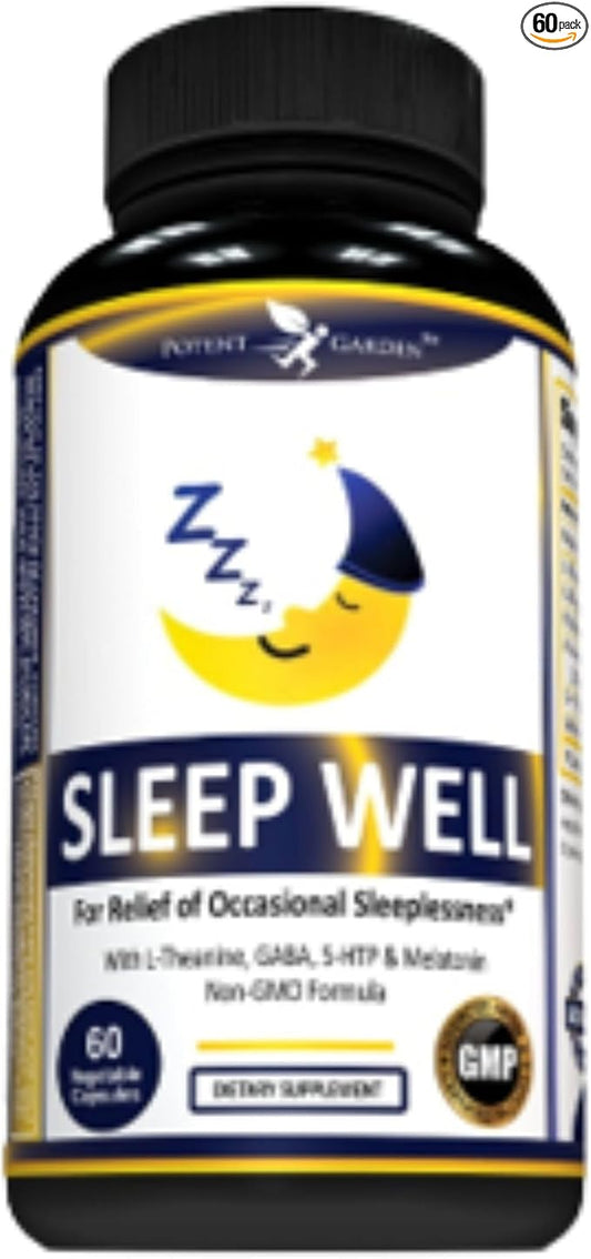 Potent Garden Sleep Well Sleep Aid Contains Melatonin Valerian Root L-Theanine GABA & More, Natural Sleep Aid Non-Habit Forming Sleep Aids for Adults with 60 Veggie Caps