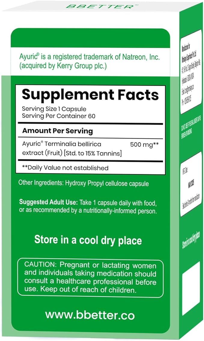 BBETTER UricUrja – Uric Acid Support Supplement with Ayuric® (Terminalia bellirica) – Lab-Tested Herbal Formula –180 Capsules