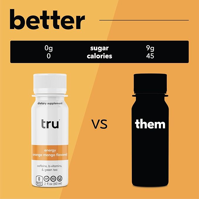 Tru Energy Shot, Orange Mango Flavored Extra Strength Energy Shots - Zero Sugar Energy Drink plus Vitamin B3, B6, B12, and Green Tea - Natural Caffeine, GF, Keto, Vegan Supplement, 2oz (Pack of 24)