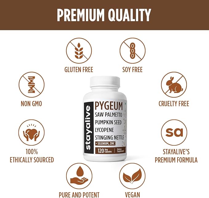STAY ALIVE Pygeum Africanum Supplement, 7-in-1 Extract w/Saw Palmetto, Pumpkin Seed, Stinging Nettle and Lycopene, 120 Vegan Capsules, Non-GMO and Gluten-Free Pygeum Supplement for Men and Women