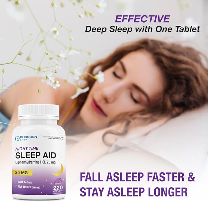 Puregen Labs Sleep Aid Caplets, Diphenhydramine HCl 25mg - 220 Count | Supports Deeper, Restful Sleeping, Non Habit-Forming | Made in USA