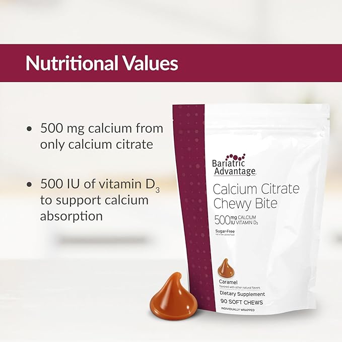 Bariatric Advantage Calcium Citrate Chewy Bites 500 mg - Highly Absorbable & Digestible - Vitamin D3 - Easily Chewable Calcium Supplement - Caramel Flavor - 90 Count
