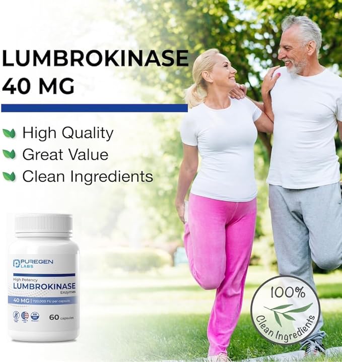 Puregen Labs Lumbrokinase 40mg per Capsule High Potency Supplement | High Activity Lumbrokinase Enzymes | No Harmful Additives | Non-GMO | Gluten Free | Made in USA - Total 120 Vegetarian Capsules