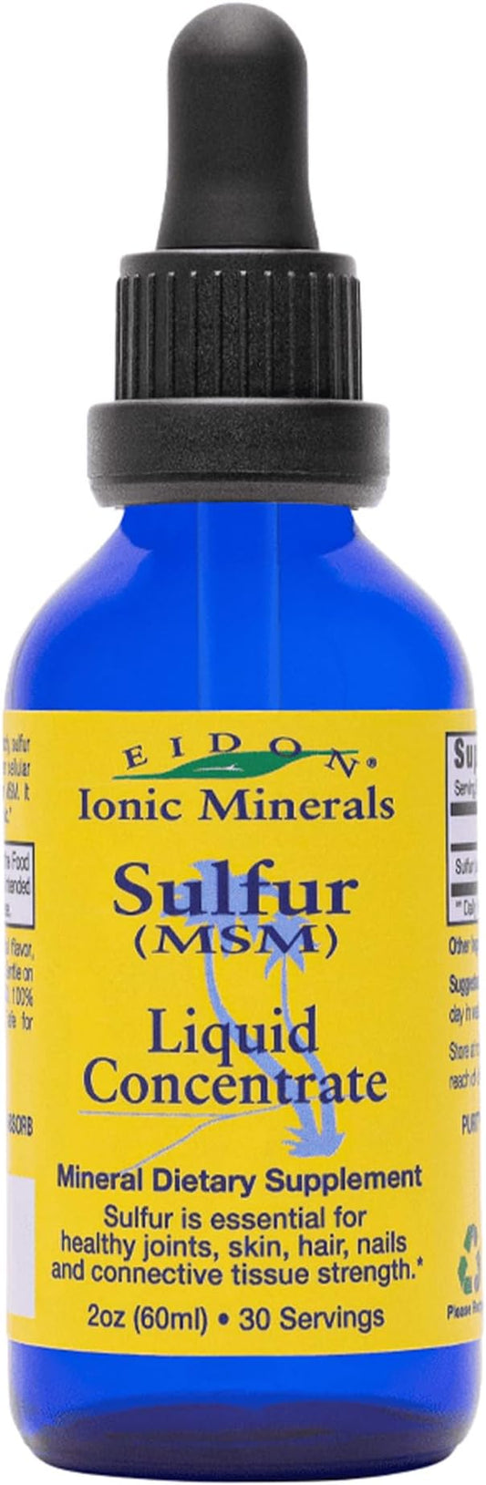 Eidon Ionic Minerals Liquid Sulfur Concentrate - Ionic MSM Sulfur Drops Supplement, Supports Healthy Joints, Smooth Skin, & Glossy Hair, No Preservatives or Additives - 2 Oz Bottle