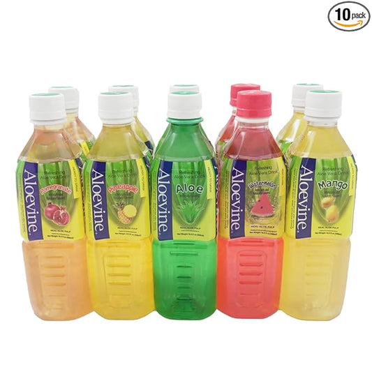 Aloevine Aloe Vera Drink juice l variety |16.9 oz. pack of 10 l 2 original, 2 watermelon, 2 mango, 2 pomegranate, 2 pineapple | plant based Vegetable Korean drinks