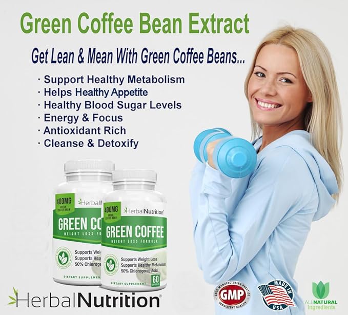 Herbal Nutrition BOGO Pure Green Coffee Bean Extract, Two Bottle Pack, 120 Capsules, Multi-Level Dosing 400mg - 1200mg Per Serving, 50% Chlorogenic Acid. Weight Loss & Cleanse Supplement