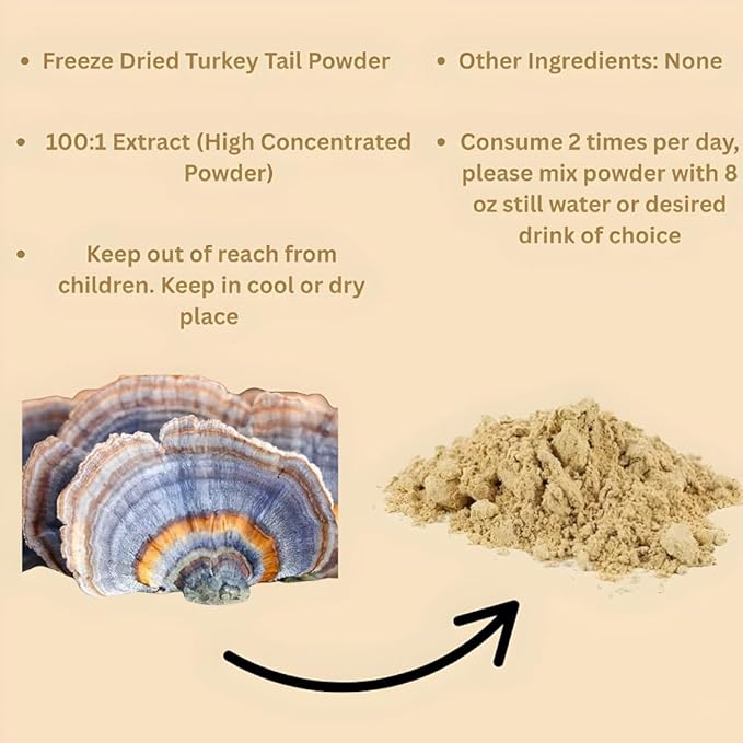 Organic Non-GMO Freeze Dried Turkey Tail Mushroom Powder (50:1 Extract), 16 Ounces | Freeze Dried Longer Shelf Life, Supports Immune Response & Cellular Level (16 OZ)
