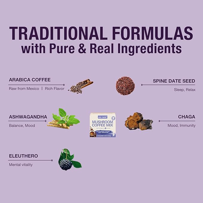 ECO-TASTE Mushroom Coffee Mix, Designed for Balance with Ashwagandha, Eleuthero, Chaga, Spine date seed – 12 Sachets