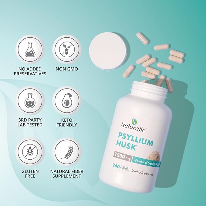 Psyllium Husk Capsules 1500mg – 100% Natural Fiber Supplement for Digestive Health & Regularity – Supports Gut Health & Weight Management – Non-GMO – 240 Capsules