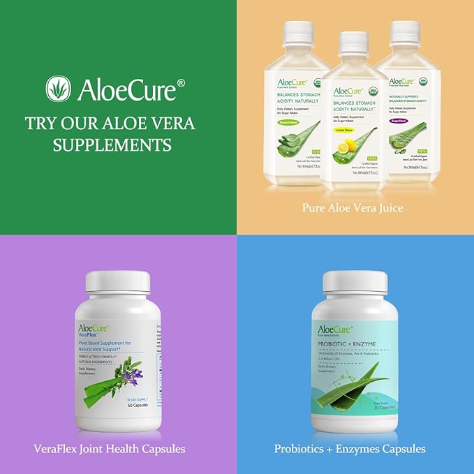 AloeCure USDA Organic Aloe Vera Juice Made Within 12 Hrs of Harvest - Pure Aloe Juice Natural Digestive Supplement to Support Digestion, Immune System and Balanced Stomach Acidity, 18 x 500ml Bottles