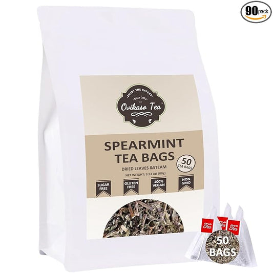 Ovikaso Tea, Spearmint Tea Bags, 50 Pyramid Tea Bags, 2g/bag, Natural Spearmint Leaves, Direct from Source, Brew Hot or Iced Tea, Baking, Cocktail, Rich in Antioxidants, Herbal Tea