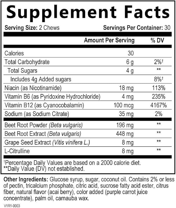 Built by Nature Heart Chews, Beet Root Nitric Oxide Blood Pressure Support, Grape Seed Extract & Non-GMO Beetroot Powder Energy Chews, Beets Heart Gummy Chews, Acai Berry Flavor, 60 Gummies