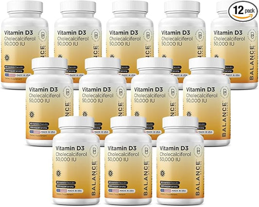 Balancebreens Vitamin D3 50,000 IU, 60 Veggie Capsules - High Potency, Supports Immune & Bone Health - Weekly Once (Pack of 12)