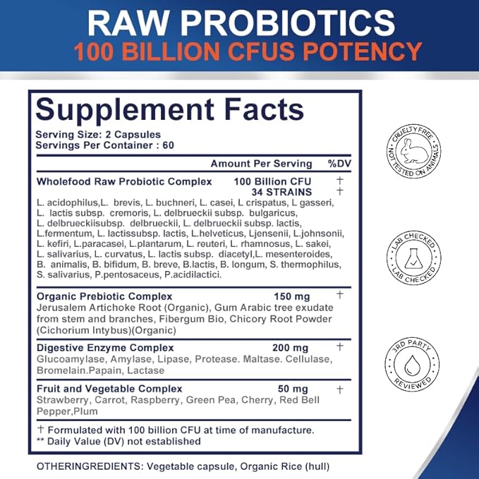 Probiotics 100 Billion CFU – 34 Strains + Organic Prebiotics & Digestive Enzymes – Whole Food Formula for Gut Health, Immune Support & Digestive Balance – 120 Softgels, 60 Day Supply