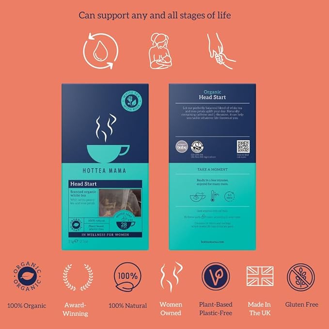 HOTTEA MAMA | Head Start | Organic White Tea & Rose Herbal Blend | Slow Release Caffeine L-Theanine | For Alertness & Brain Fog | 14 Whole Leaf Biodegradable Tea Bags (28 Cups)