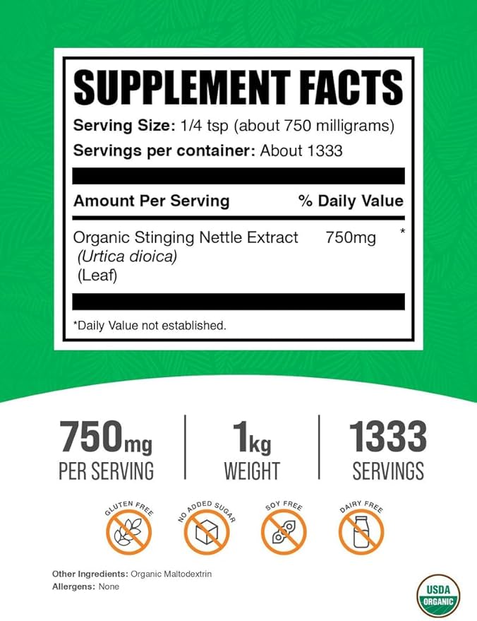 BulkSupplements.com Organic Stinging Nettle Extract - from Stinging Nettle Leaf, Nettle Supplement - Vegan & Gluten Free, 750mg per Serving, 1kg (2.2 lbs) (Pack of 1)
