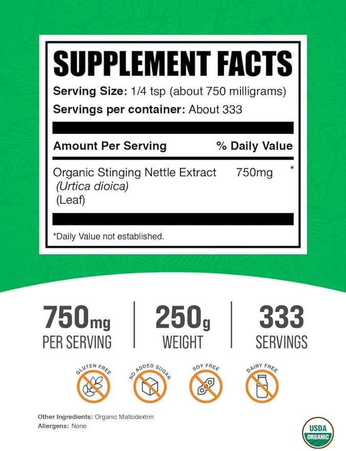 BulkSupplements.com Organic Stinging Nettle Extract - from Stinging Nettle Leaf, Nettle Supplement - Vegan & Gluten Free, 750mg per Serving, 250g (8.8 oz) (Pack of 1)