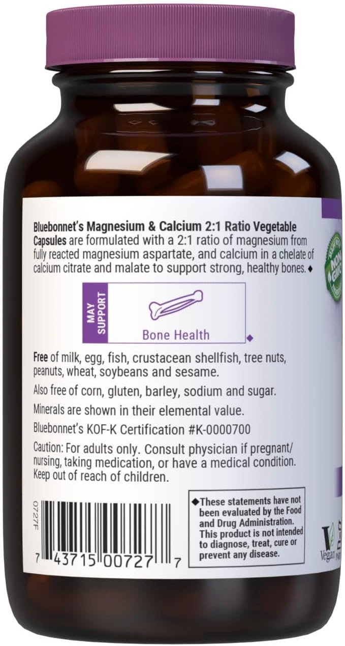 Bluebonnet Nutrition Magnesium & Calcium 2:1 Ratio, Bone Health*, Non-GMO, Vegan, Kosher Certified, Gluten-Free, Soy-Free, Dairy-Free, 90 Vegetable Capsules, 30 Servings