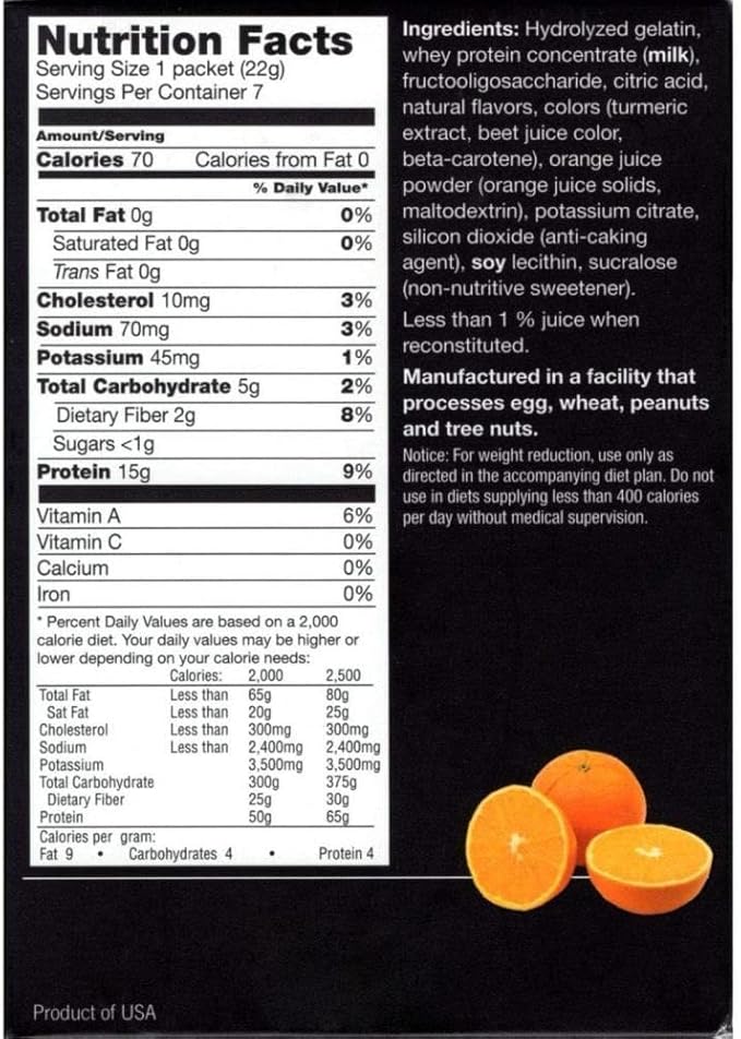 High Protein Fruit Flavored Powder Drink Mix, 15g Protein, Low Calorie, Sugar Free, Ideal Protein Compatible, 7 Servings Per Box (Orange)
