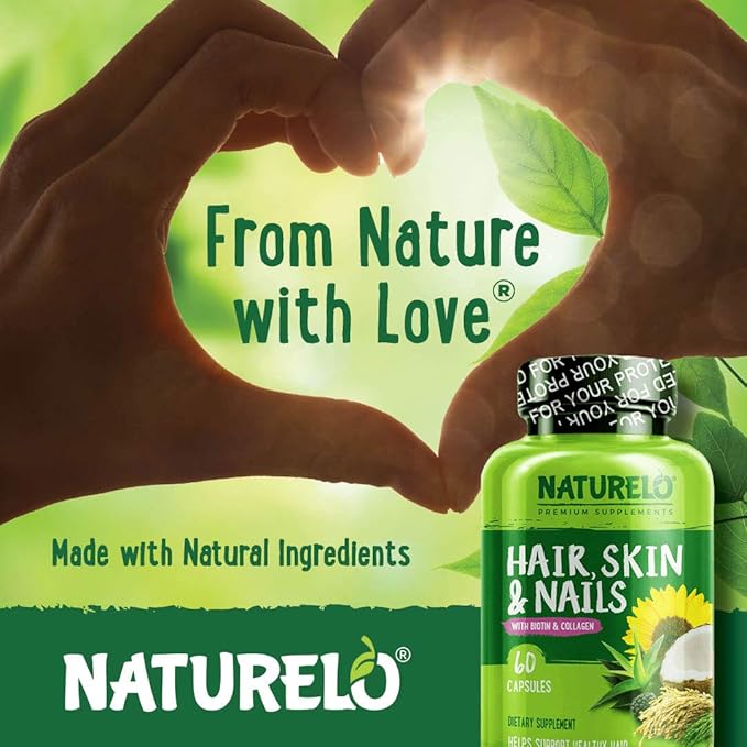 NATURELO Hair, Skin and Nails Multivitamin - 5000 mcg Biotin, Collagen, Natural Vitamin E - Supplement for Healthy Skin, Hair Growth for Women and Men – 60 Capsules