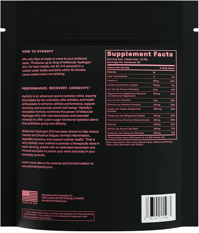 Hydrogen Water + Electrolytes Drink Mix | H2 Hydration Packets with Molecular Hydrogen, Sodium, Potassium, Magnesium, Calcium, and Minerals | No Sugar | Raspberry 25 Ct