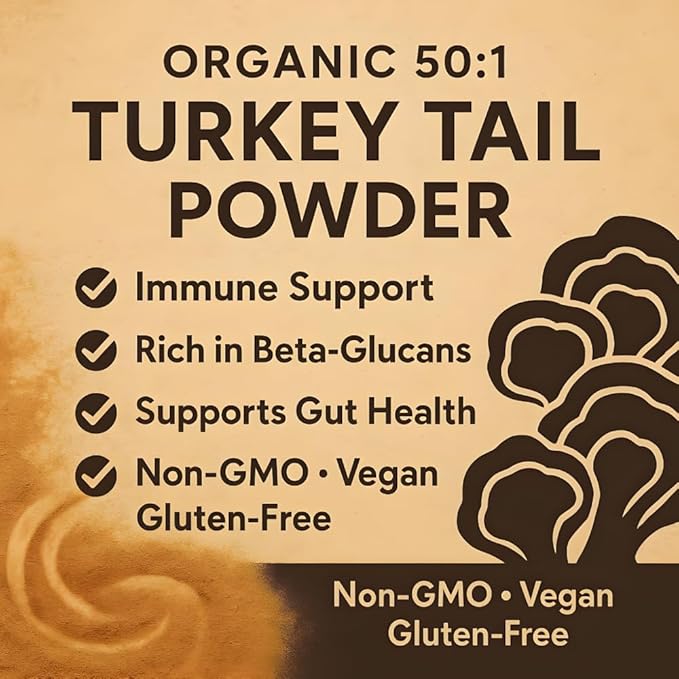Organic Non-GMO Freeze Dried Turkey Tail Mushroom Powder (50:1 Extract), 16 Ounces | Freeze Dried Longer Shelf Life, Supports Immune Response & Cellular Level (16 OZ)