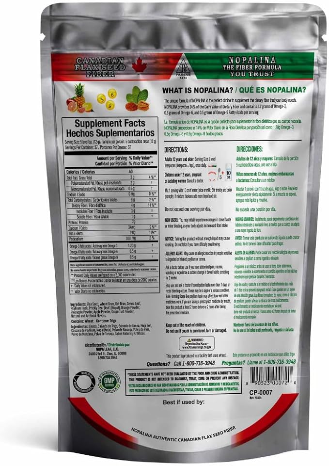 Nopalina Fiber Formula | 1 Lb Bag | 30 Servings | Flax Seed, Psyllium, Oat and Wheat Bran, Omega 3, 6 & 9 | Can Help with Regularity & More | The Original