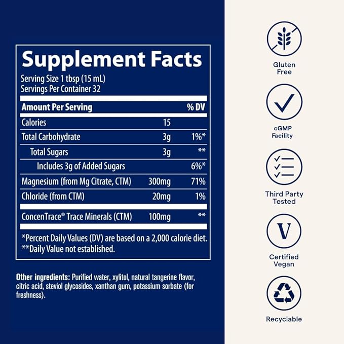 Trace Minerals Magnesium Liquid 300mg - Energy & Heart Health Support Supplement - Minerals to Aid Digestion & Hydration - Support Healthy Bones - Natural Tangerine Flavor, 16 fl oz (32 Servings)