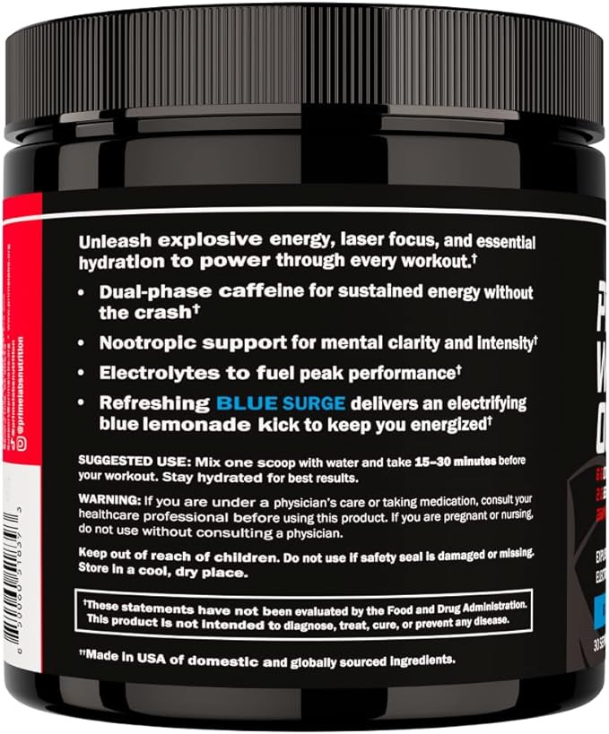 Prime Labs Pre Workout Powder for Men - with Citrulline Malate, Beta-Alanine, and Natural Caffeine - Energy, Focus, Power - Blue Lemonade Flavor - 30 Servings