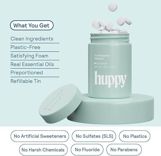 HUPPY Toothpaste Tablets, Nano Hydroxyapatite - Natural Whitening, Fluoride Free and Remineralizing - Travel Tabs, Charcoal Flavor, 62 Count