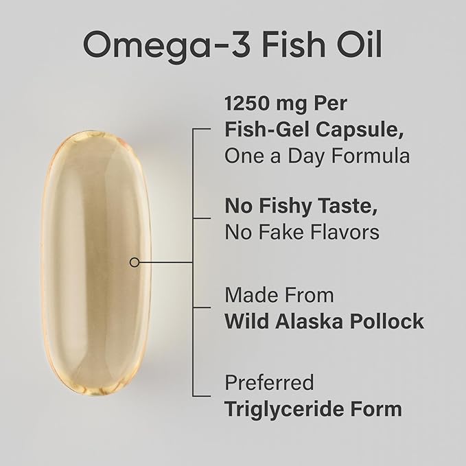 Sports Research Triple Strength Omega 3 Fish Oil - Burpless Fish Oil Supplement w/EPA & DHA Fatty Acids from Single-Source Wild Alaskan Pollock - 1250 mg, 180 ct