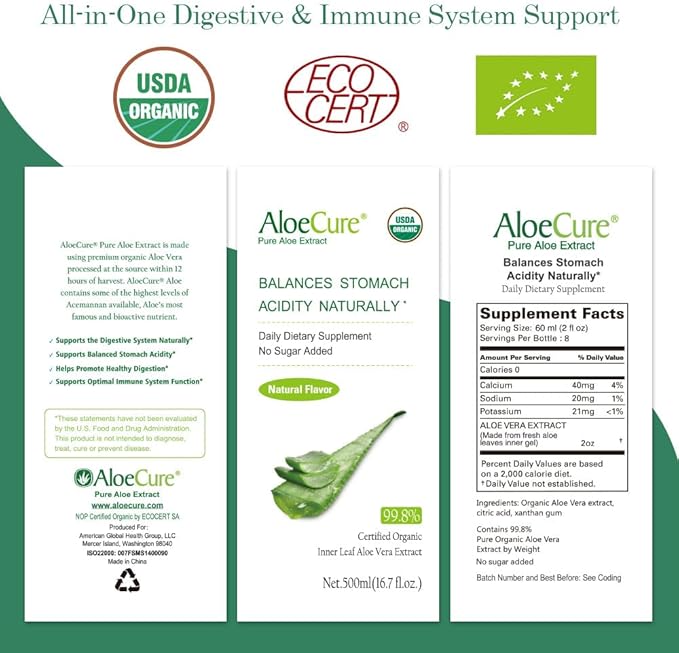 AloeCure USDA Organic Aloe Vera Juice Made Within 12 Hrs of Harvest - Pure Aloe Juice Natural Digestive Supplement to Support Digestion, Immune System and Balanced Stomach Acidity, 12 x 500ml Bottles