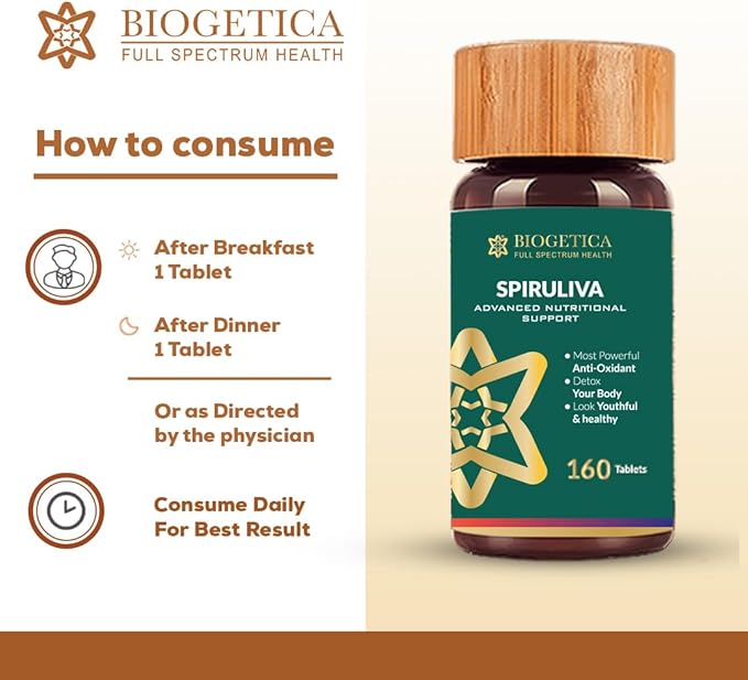 Organic Spiruliva Pills with Astaxanthin - Non-GMO, Rich in Vegan Protein, Vitamins & Prebiotics - 100% Vegan Ayurveda Supplement - 160 Tablets