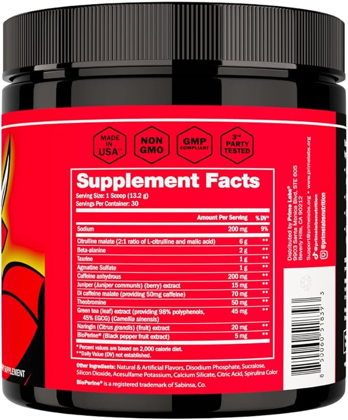 Prime Labs Pre Workout Powder for Men - with Citrulline Malate, Beta-Alanine, and Natural Caffeine - Energy, Focus, Power - Blue Lemonade Flavor - 30 Servings