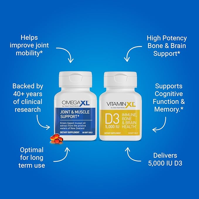 OmegaXL Joint Support Supplement - Natural Muscle/Immune Support, 60 Softgels (2 Pack) & VitaminXL D3 High Potency Daily Vitamin D 5000 IU 125mcg Supplement (30 Softgels)