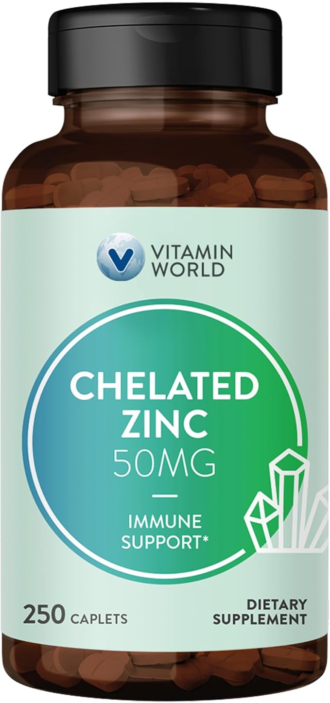 Vitamin World Chelated Zinc 50 mg - 250 Caplets, High Potency & Well Absorbed Chelated Zinc Supplement, Supports Immune, Skin & Antioxidant Health, Gluten-Free, 250 Days Supply