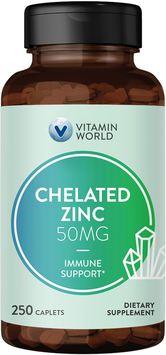 Vitamin World Chelated Zinc 50 mg - 250 Caplets, High Potency & Well Absorbed Chelated Zinc Supplement, Supports Immune, Skin & Antioxidant Health, Gluten-Free, 250 Days Supply