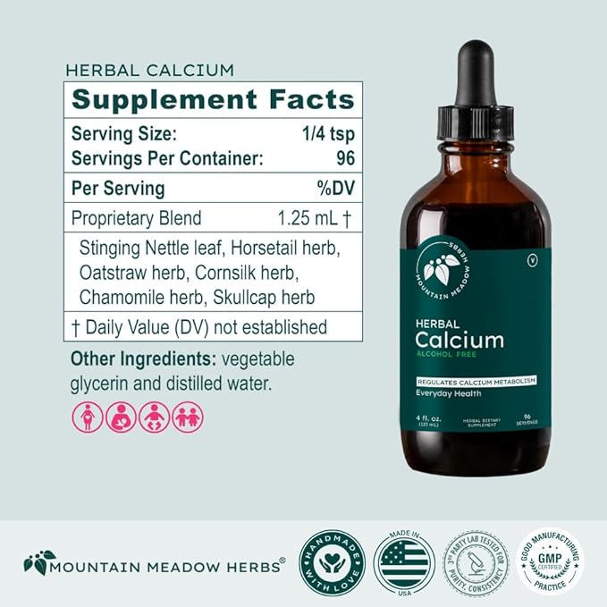 Mountain Meadow Herbs Herbal Calcium – Vegan Liquid Calcium Supplement for Bone & Teeth Support, High Absorption Plant-Based Formula for Adults & Kids - 4 oz