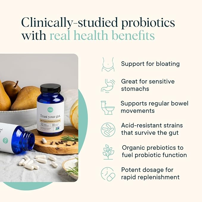 Ora Organic Probiotics with Prebiotics - 52 Billion CFU 11 Clinically Studied Strains for Digestive Health, Trust Your Gut, Gluten Free, 60 Capsules