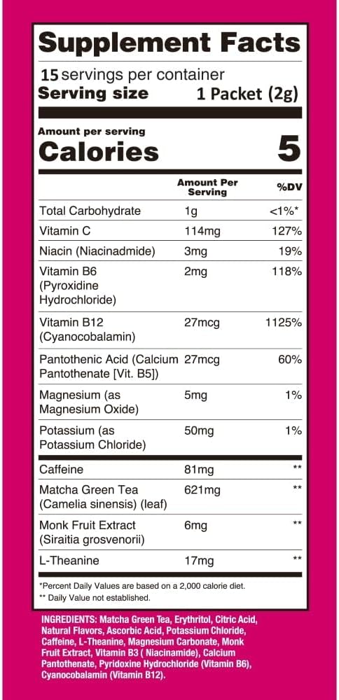 Ujido Matcha Energy Packets, Lemon Flavor, Sugar-Free, Monkfruit, Non-GMO, Antioxidant, Keto & Vegan, 2g x 15 Count