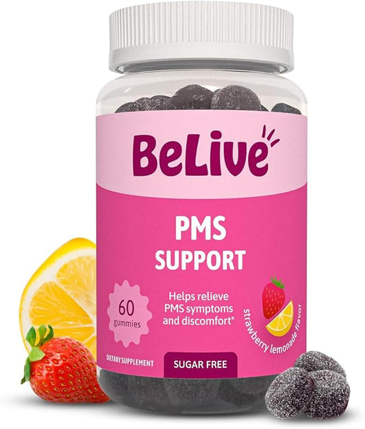 BeLive PMS Support Gummies Supplement – Helps Relieve PMS Symptoms – Hormonal Balance Mood Swings & Cramps Relief, Bloating Support – with Chaste Tree Extract - Strawberry Limonade Flavor – 60 Count