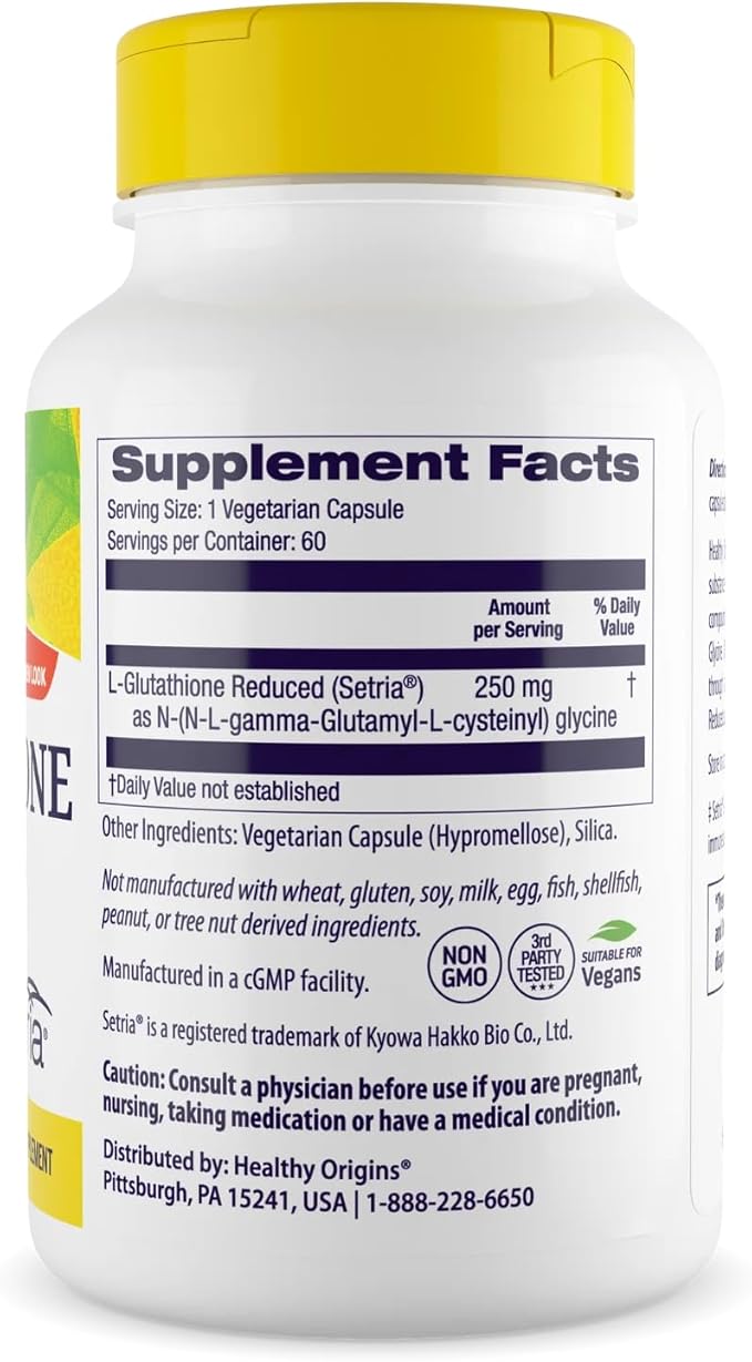 Healthy Origins L-Glutathione 250 mg (Setria, Non-GMO, Gluten Free, Antioxidant, Immune Support, Skin Support), 60 Veggie Caps