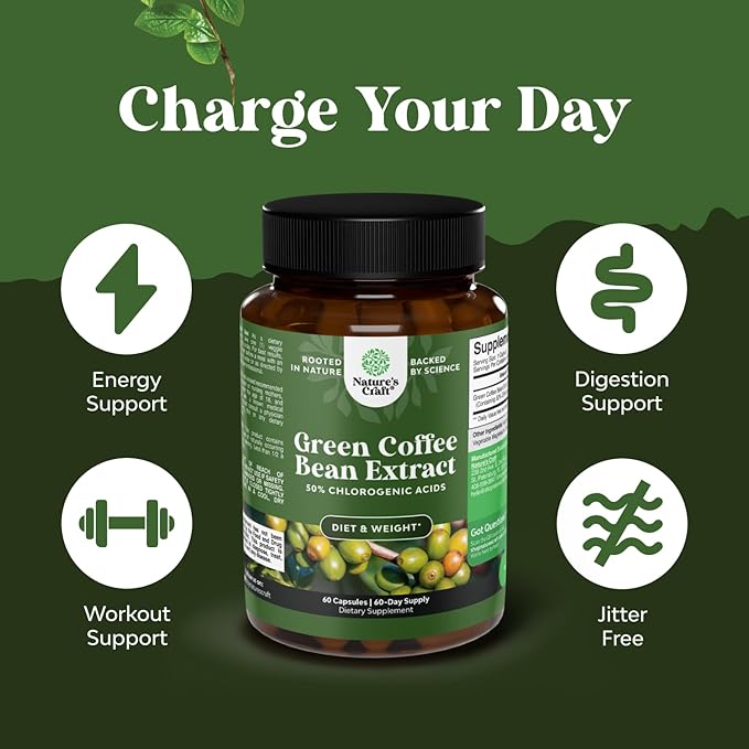 Pure Green Coffee Bean Extract - Super Energizing Green Coffee Extract with 50% Chlorogenic Acid for Antioxidant Heart Health Mental Focus and Size Reduction - Natural Energy Supplement for Adults