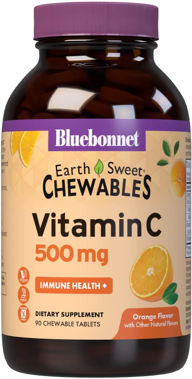Bluebonnet Nutrition EarthSweet Vitamin C 500 mg Powerful Antioxidant Protection & Immune Health Support Supplement - Maximum Absorption - Gluten-Free, Vegan - Flavor - Chewable Tablets Orange, 90 Count (Pack of 1)