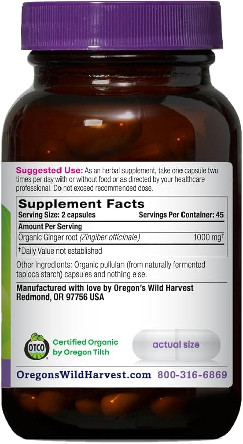 Oregon's Wild Harvest, Certified Organic Ginger Capsules for Stomach Support, Non-GMO, 1000 MGS, 90 Count