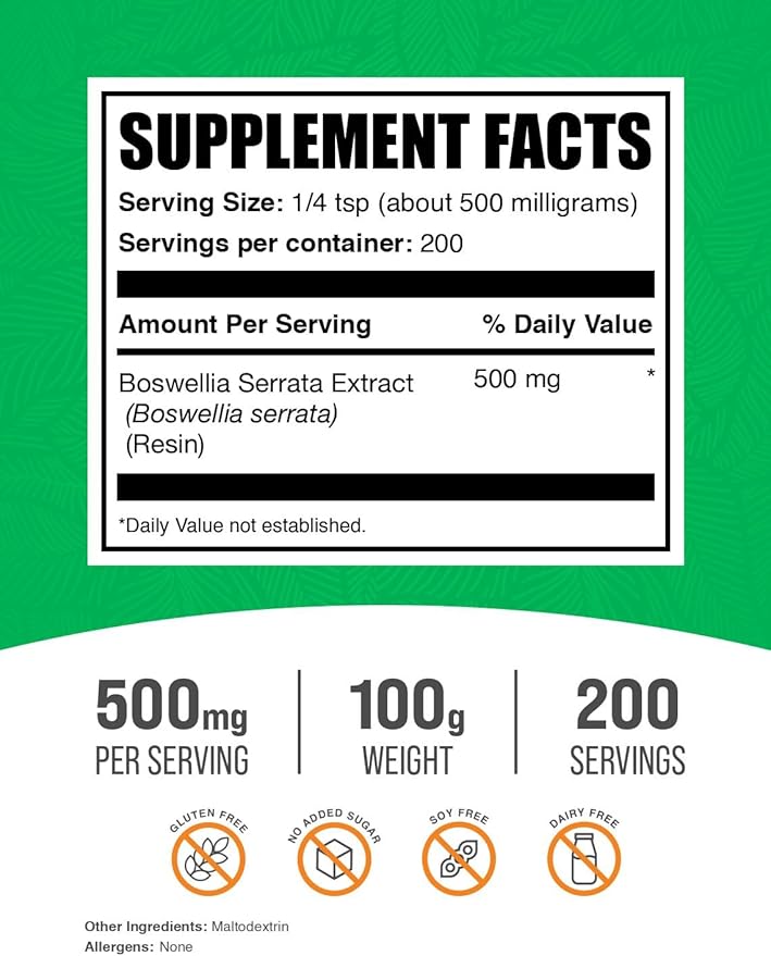 BulkSupplements.com Boswellia Serrata Extract Powder - Boswellia Supplement, from Frankincense Resin - Vegan & Gluten Free, 500mg per Serving, 100g (3.5 oz) (Pack of 1)