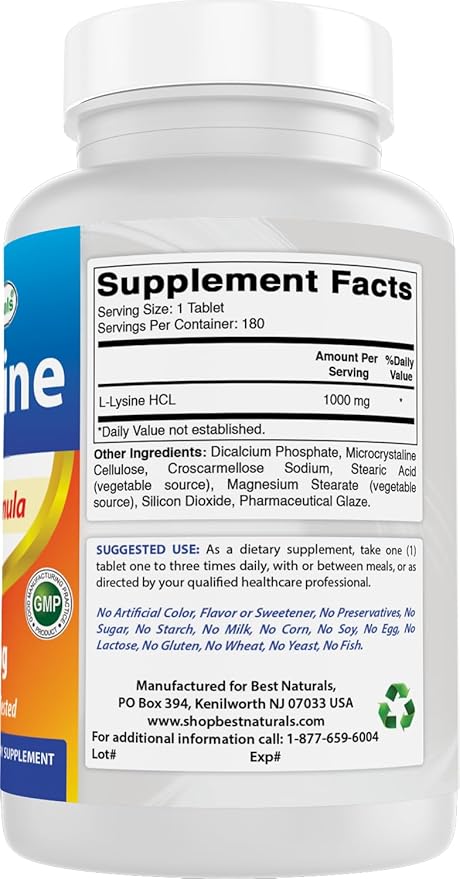 Best Naturals L-Lysine 1000mg 180 Tablets (180 Count (Pack of 1)) (2 Bottles)