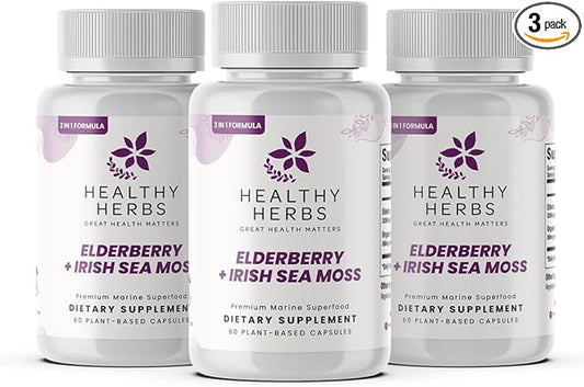 Wildcrafted Elderberry Sea Moss Capsules | 2600mg Irish Sea Moss + Elderberry Essentials Blend | US-Made, Vegan, Non-GMO, Easy-Swallow (3-Pack)
