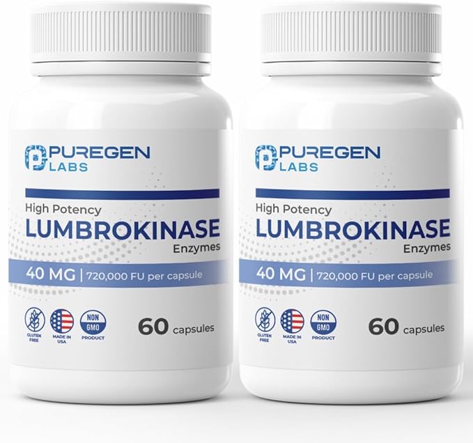 Puregen Labs Lumbrokinase 40mg per Capsule High Potency Supplement | High Activity Lumbrokinase Enzymes | No Harmful Additives | Non-GMO | Gluten Free | Made in USA - Total 120 Vegetarian Capsules