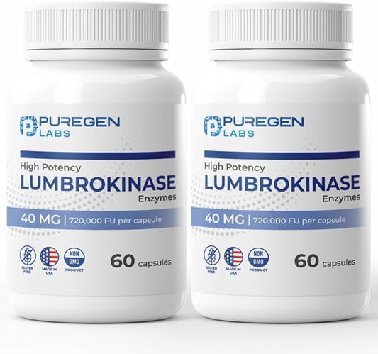 Puregen Labs Lumbrokinase 40mg per Capsule High Potency Supplement | High Activity Lumbrokinase Enzymes | No Harmful Additives | Non-GMO | Gluten Free | Made in USA - Total 120 Vegetarian Capsules